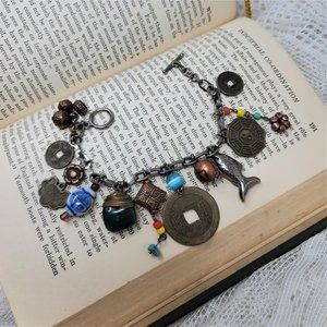 Interesting Charm Bracelet w Brass & Copper Charms